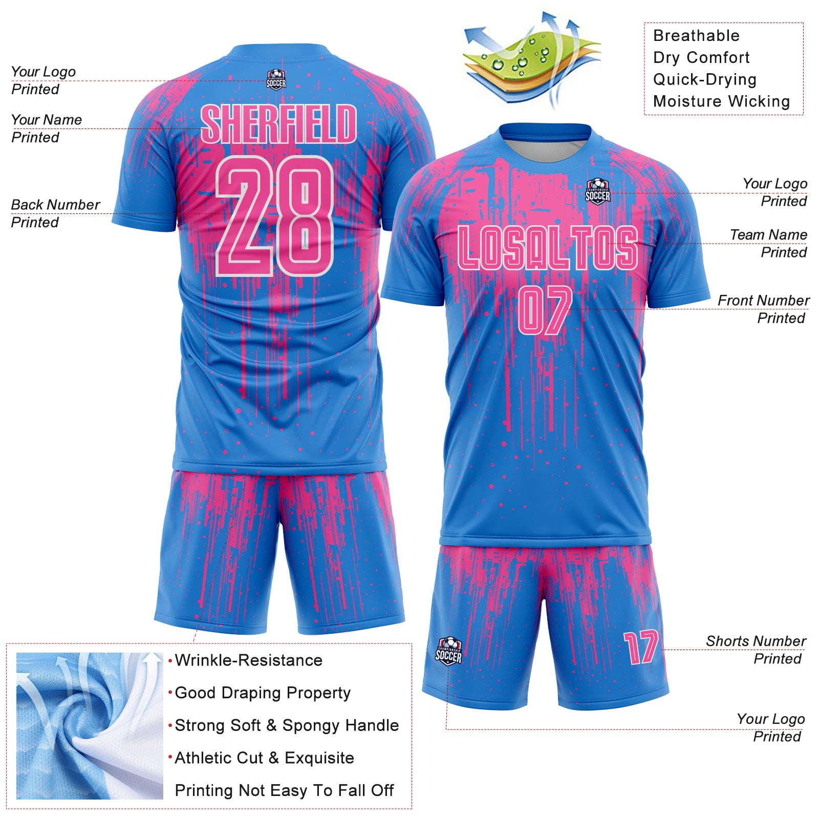 Custom Powder Blue Pink-White Dripping Splatte Pattern Sports Sublimation Soccer Uniform Jersey view 4