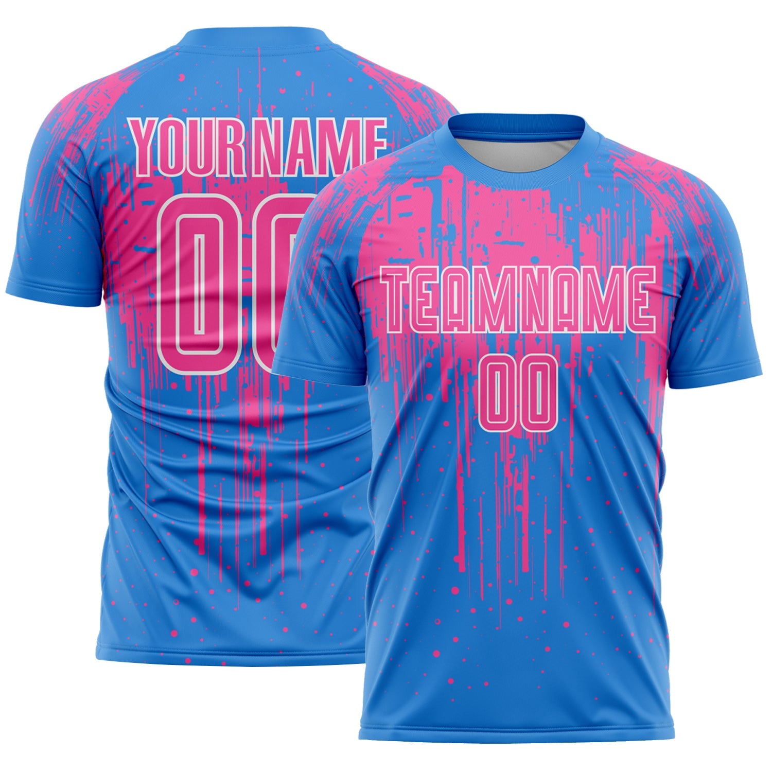 Custom Powder Blue Pink-White Dripping Splatte Pattern Sports Sublimation Soccer Uniform Jersey - Main View