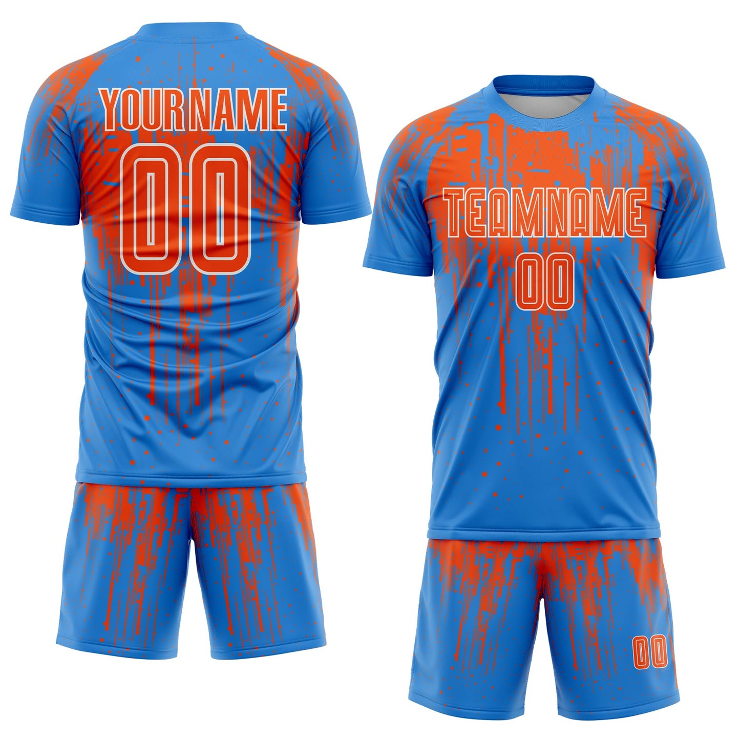 Custom Powder Blue Orange-White Dripping Splatte Pattern Sports Sublimation Soccer Uniform Jersey view 2