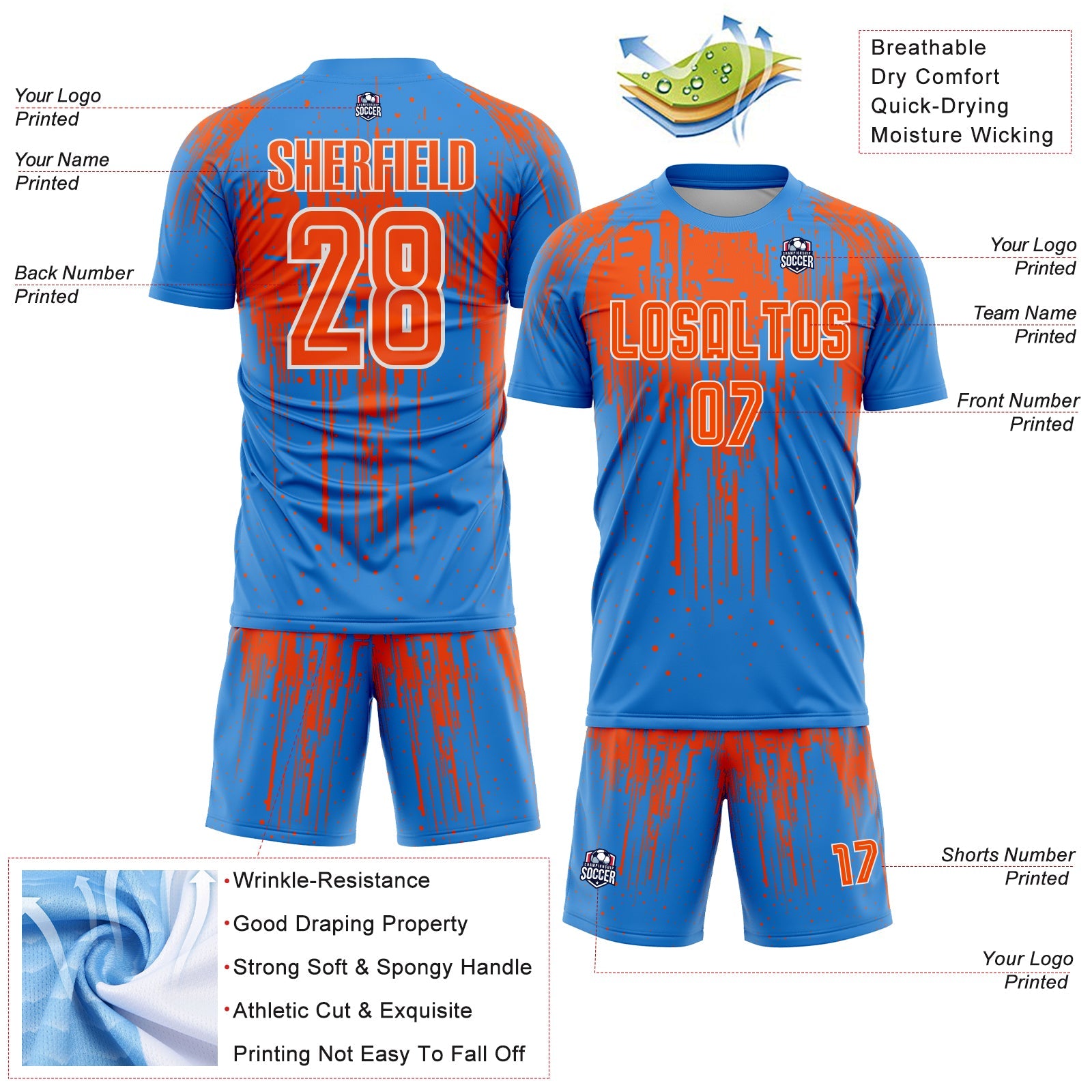 Custom Powder Blue Orange-White Dripping Splatte Pattern Sports Sublimation Soccer Uniform Jersey view 4