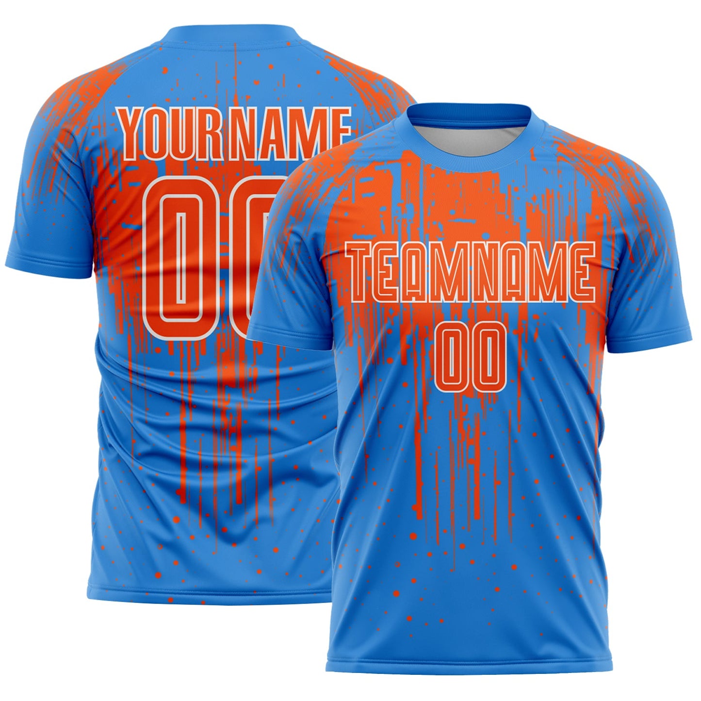 Custom Powder Blue Orange-White Dripping Splatte Pattern Sports Sublimation Soccer Uniform Jersey - Main View