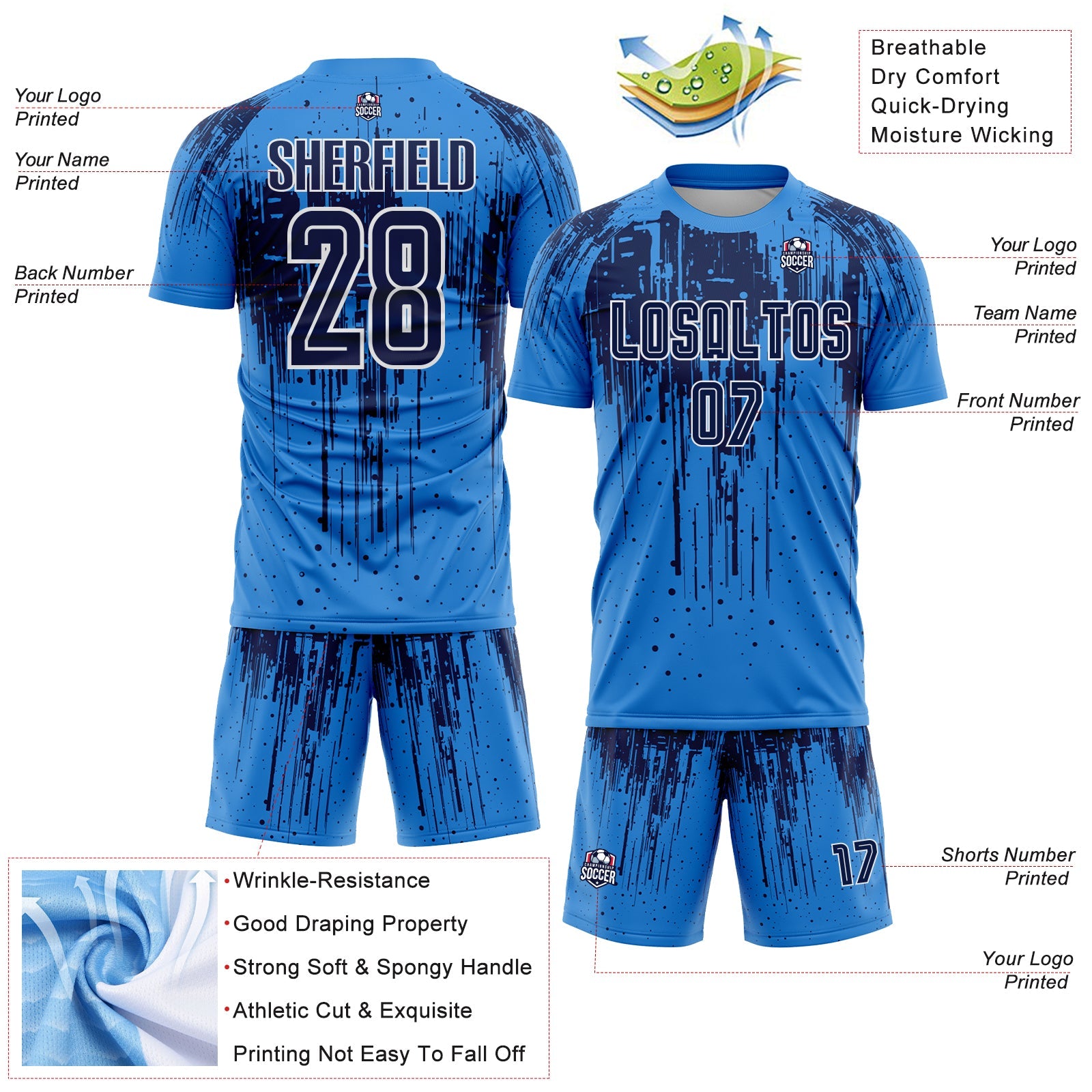 Custom Powder Blue Navy-White Dripping Splatte Pattern Sports Sublimation Soccer Uniform Jersey view 4