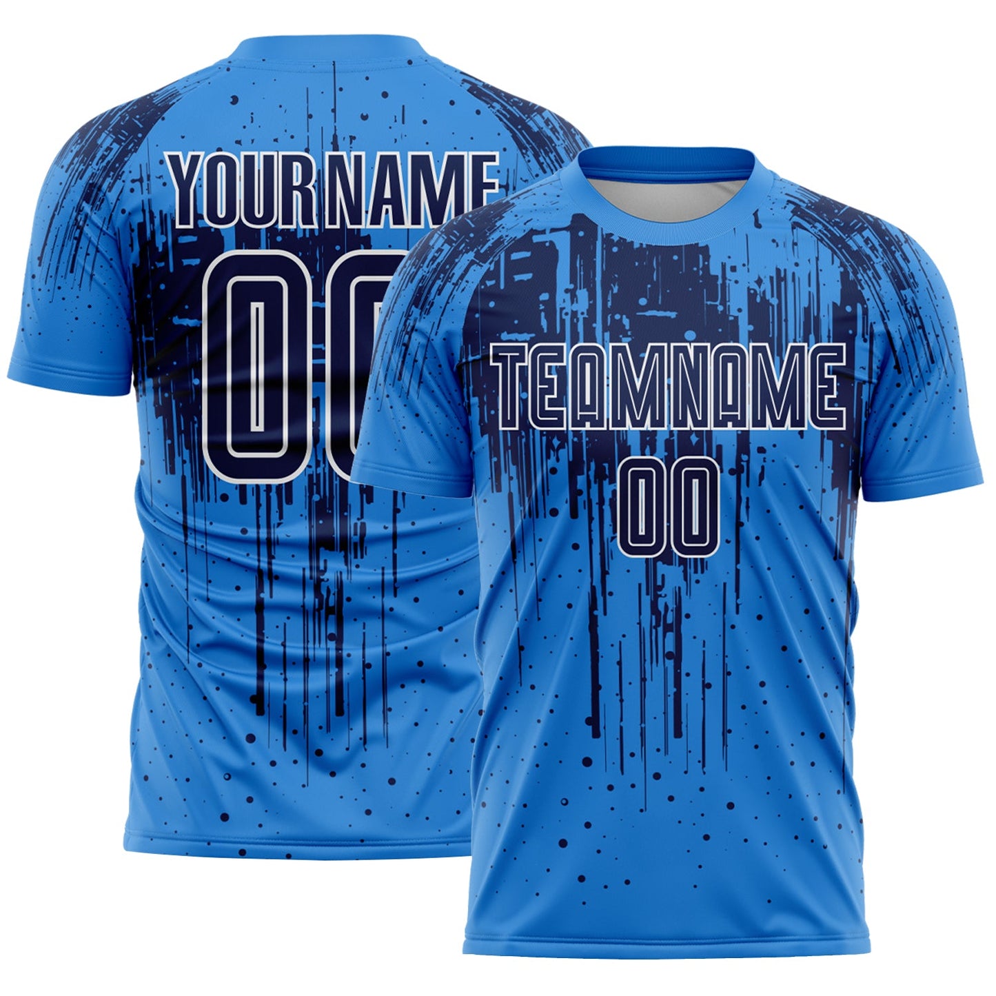 Custom Powder Blue Navy-White Dripping Splatte Pattern Sports Sublimation Soccer Uniform Jersey - Main View