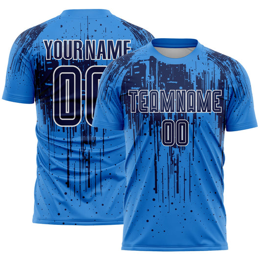 Custom Powder Blue Navy-White Dripping Splatte Pattern Sports Sublimation Soccer Uniform Jersey - Main View