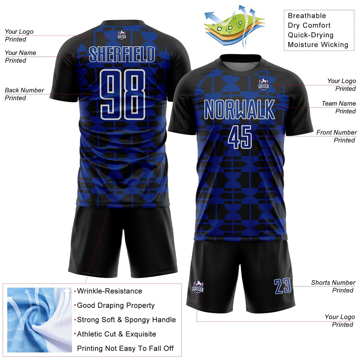 Custom Black Royal-White Geometric Shapes Sports Sublimation Soccer Uniform Jersey view 4