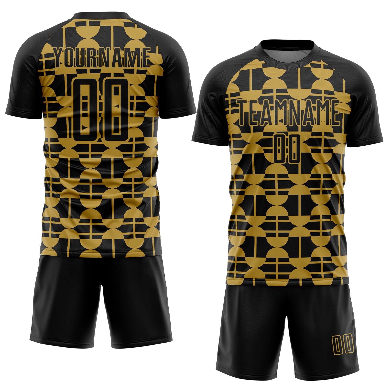 Custom Black Old Gold Geometric Shapes Sports Sublimation Soccer Uniform Jersey view 2
