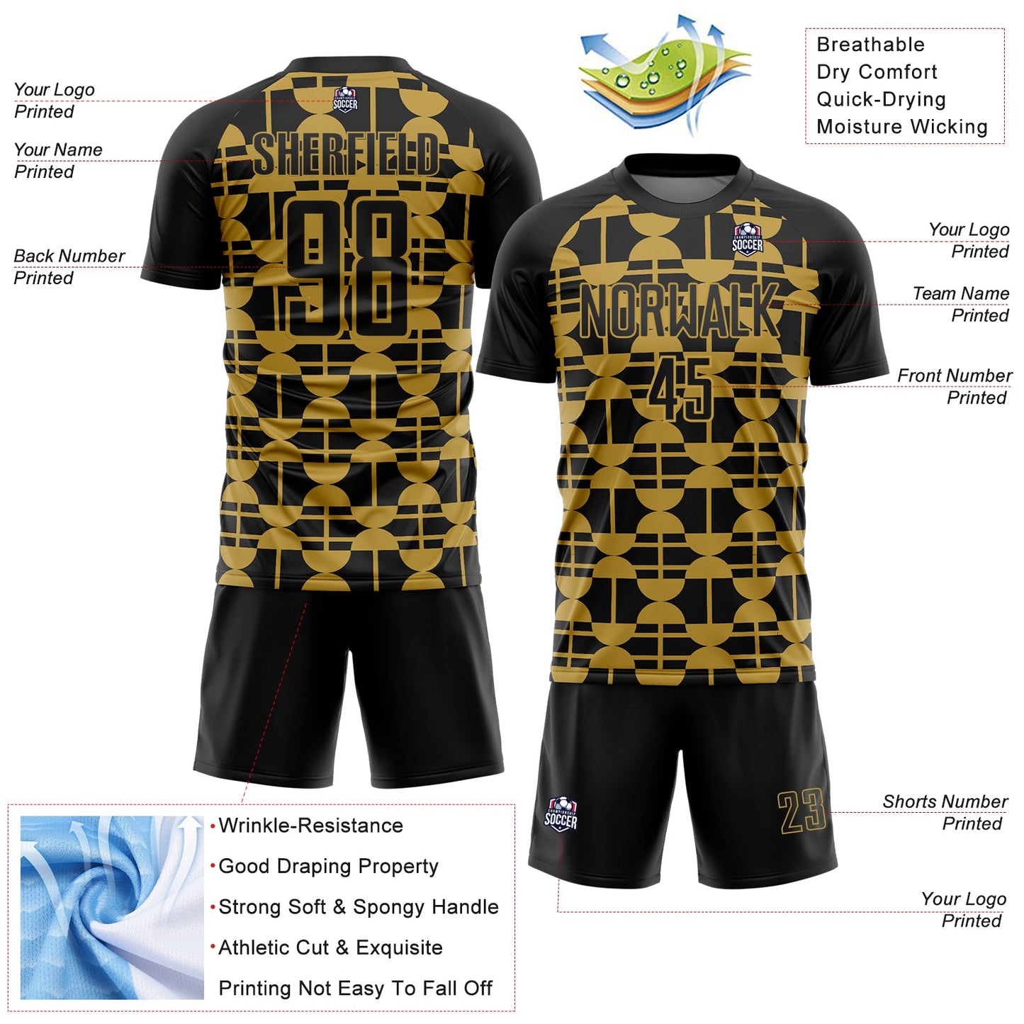 Custom Black Old Gold Geometric Shapes Sports Sublimation Soccer Uniform Jersey view 4