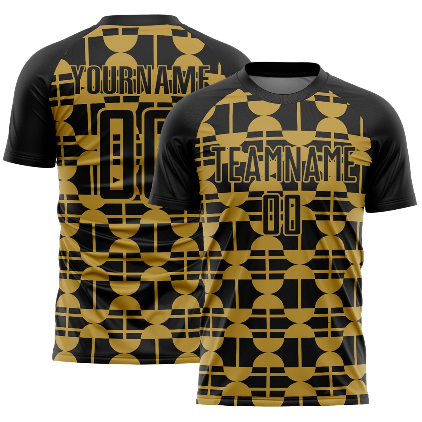 Custom Black Old Gold Geometric Shapes Sports Sublimation Soccer Uniform Jersey - Main View