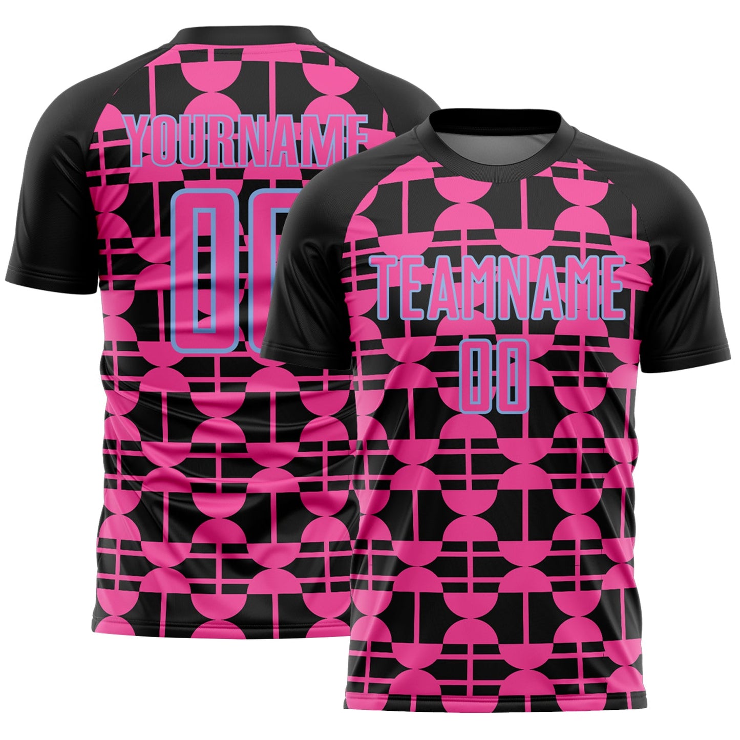 Custom Black Pink-Light Blue Geometric Shapes Sports Sublimation Soccer Uniform Jersey - Main View