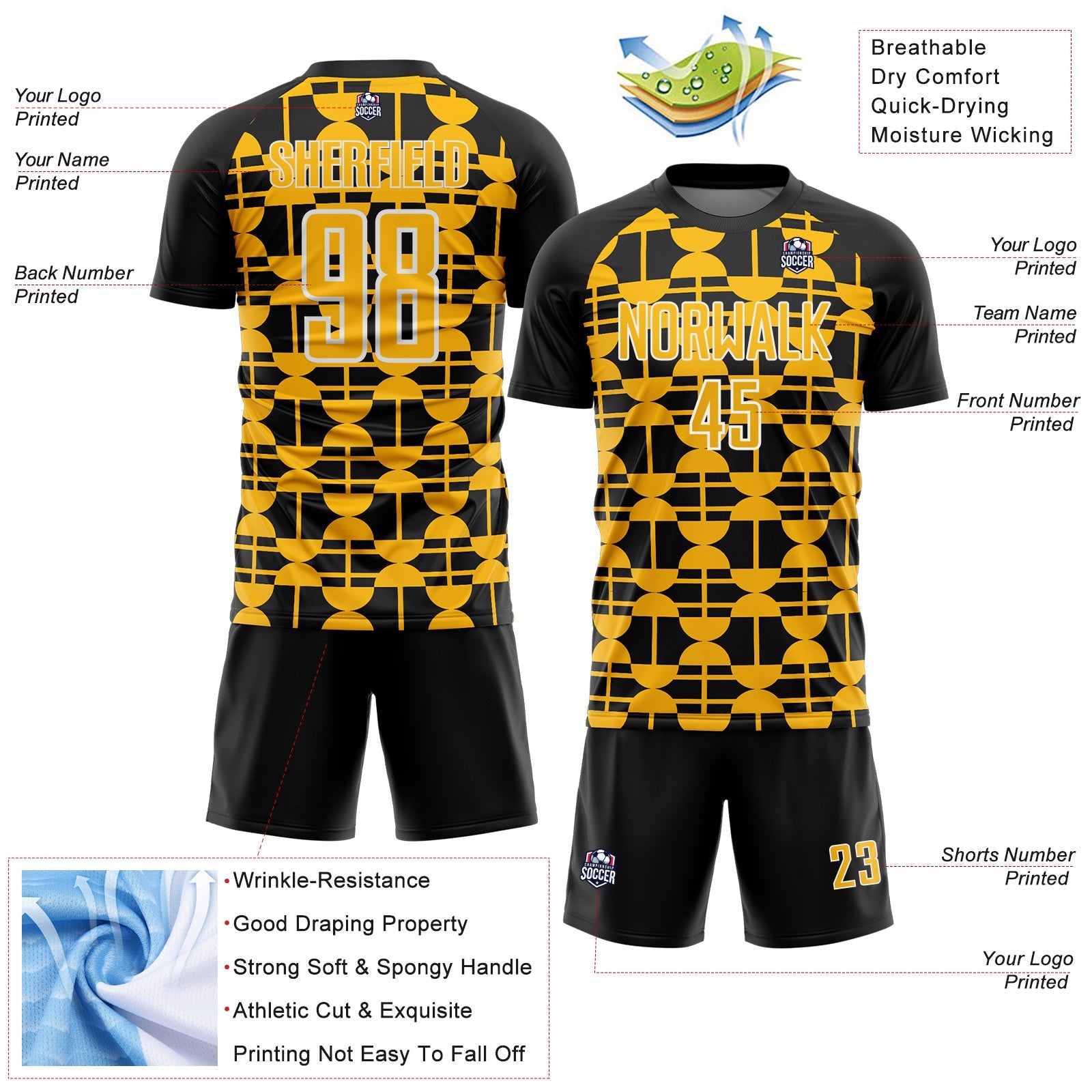 Custom Black Gold-White Geometric Shapes Sports Sublimation Soccer Uniform Jersey view 4