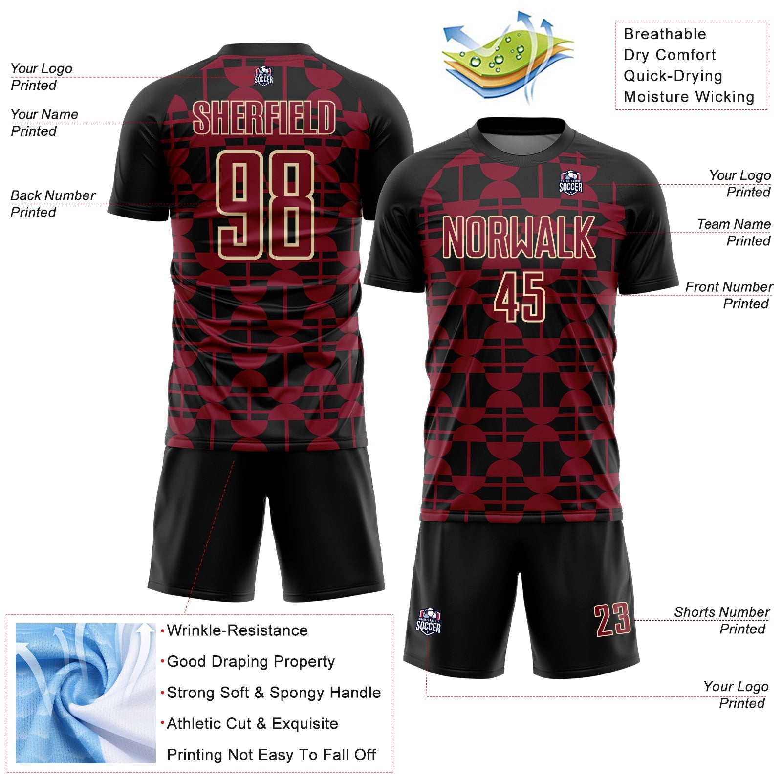 Custom Black Crimson-Cream Geometric Shapes Sports Sublimation Soccer Uniform Jersey view 4