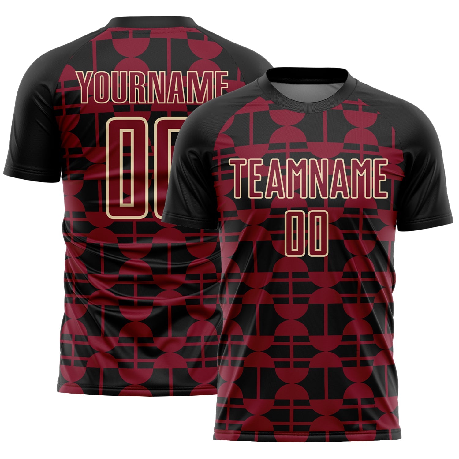 Custom Black Crimson-Cream Geometric Shapes Sports Sublimation Soccer Uniform Jersey - Main View