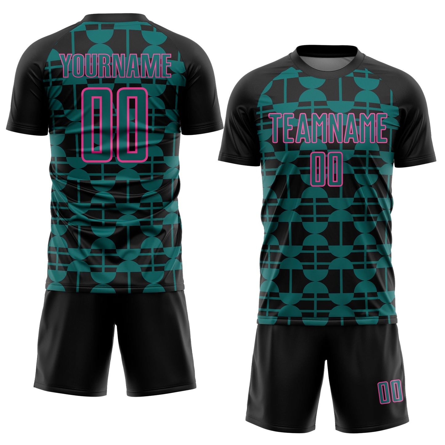 Custom Black Teal-Pink Geometric Shapes Sports Sublimation Soccer Uniform Jersey view 2
