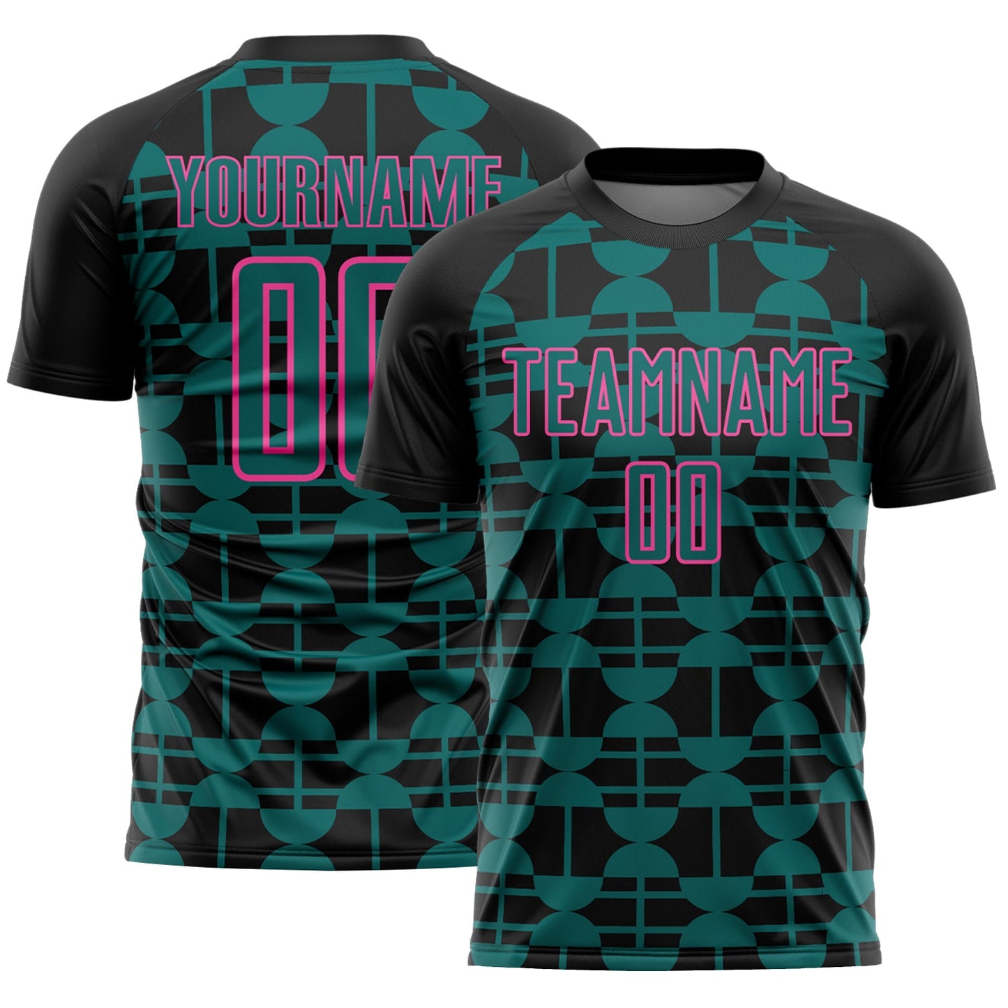 Custom Black Teal-Pink Geometric Shapes Sports Sublimation Soccer Uniform Jersey - Main View