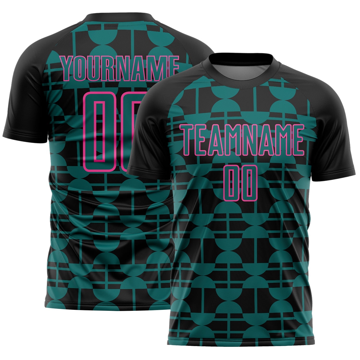 Custom Black Teal-Pink Geometric Shapes Sports Sublimation Soccer Uniform Jersey - Main View
