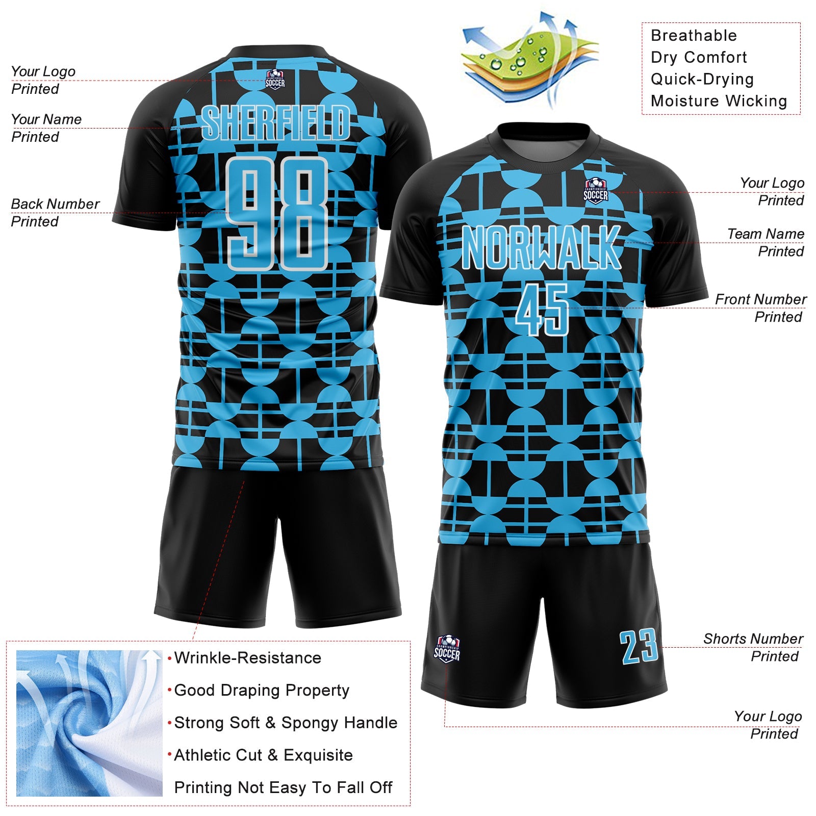 Custom Black Sky Blue-White Geometric Shapes Sports Sublimation Soccer Uniform Jersey view 4