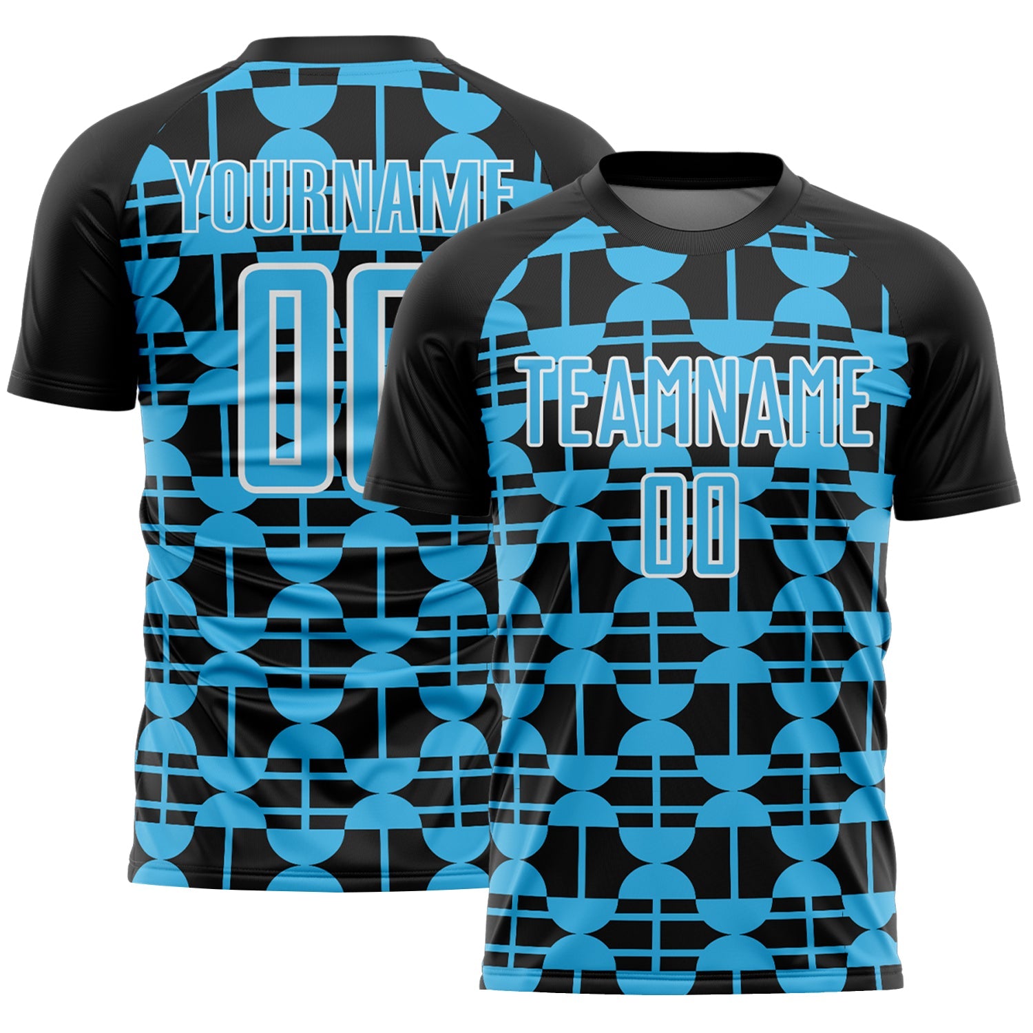 Custom Black Sky Blue-White Geometric Shapes Sports Sublimation Soccer Uniform Jersey - Main View