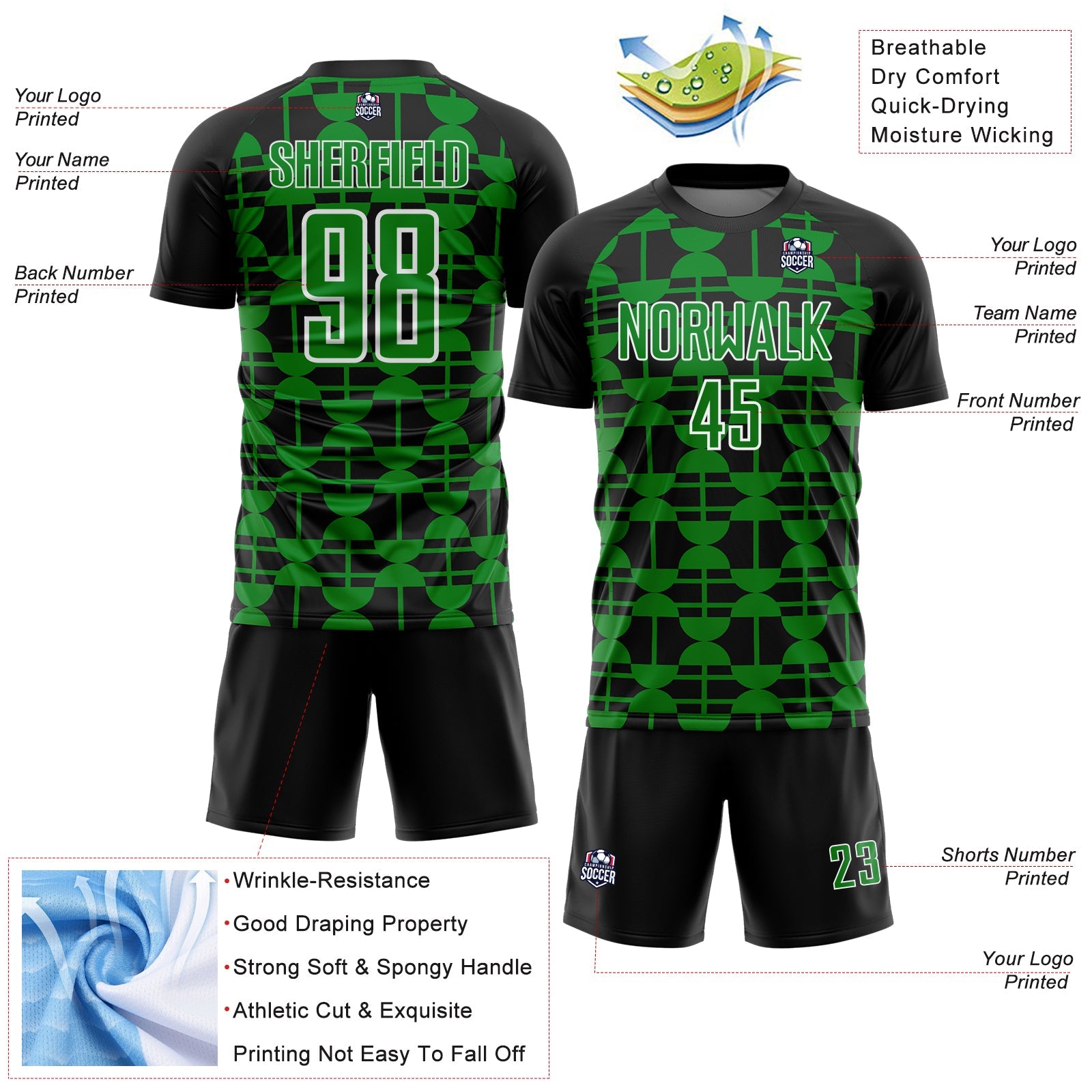 Custom Black Grass Green-White Geometric Shapes Sports Sublimation Soccer Uniform Jersey view 4