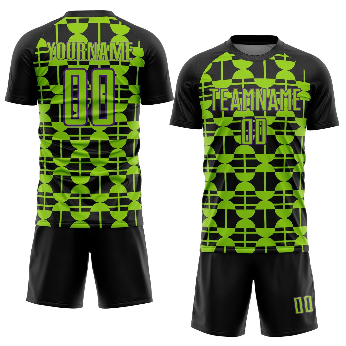 Custom Black Neon Green-Purple Geometric Shapes Sports Sublimation Soccer Uniform Jersey view 2