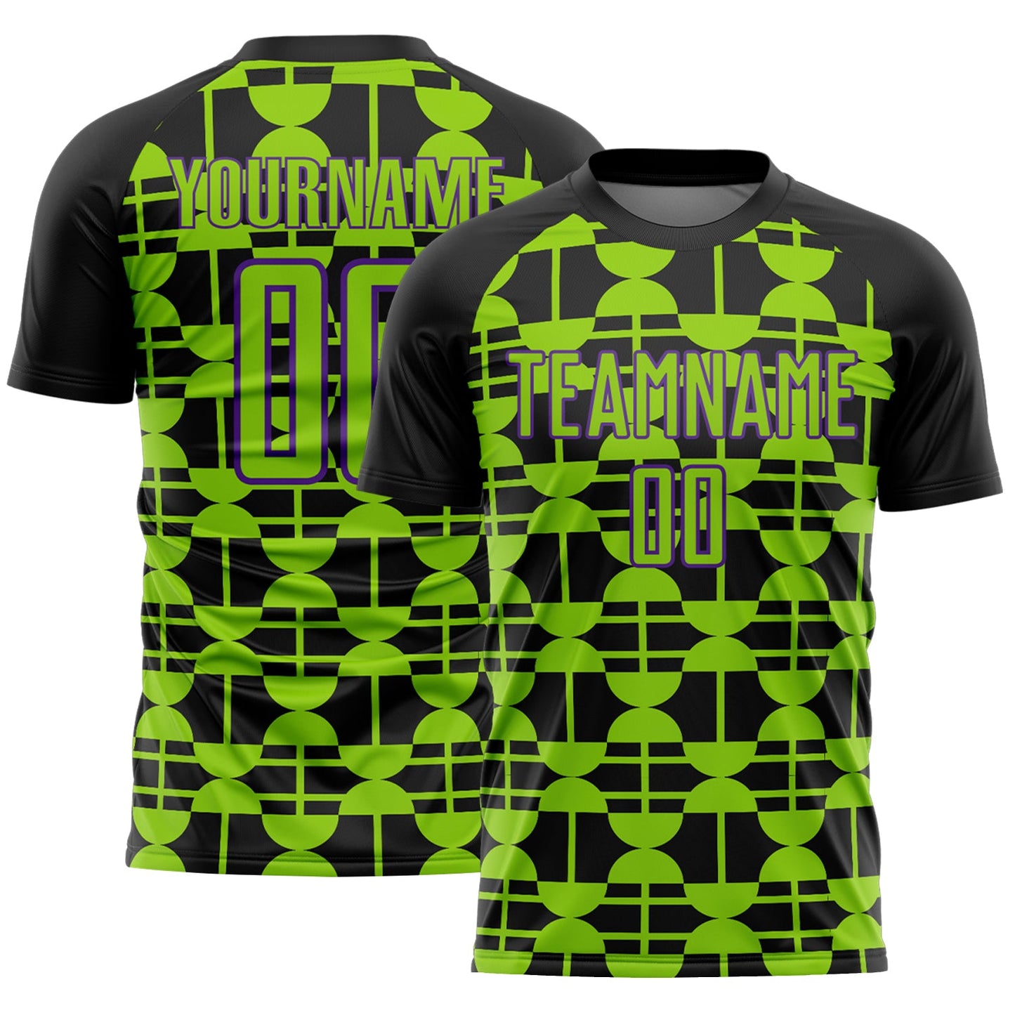 Custom Black Neon Green-Purple Geometric Shapes Sports Sublimation Soccer Uniform Jersey - Main View