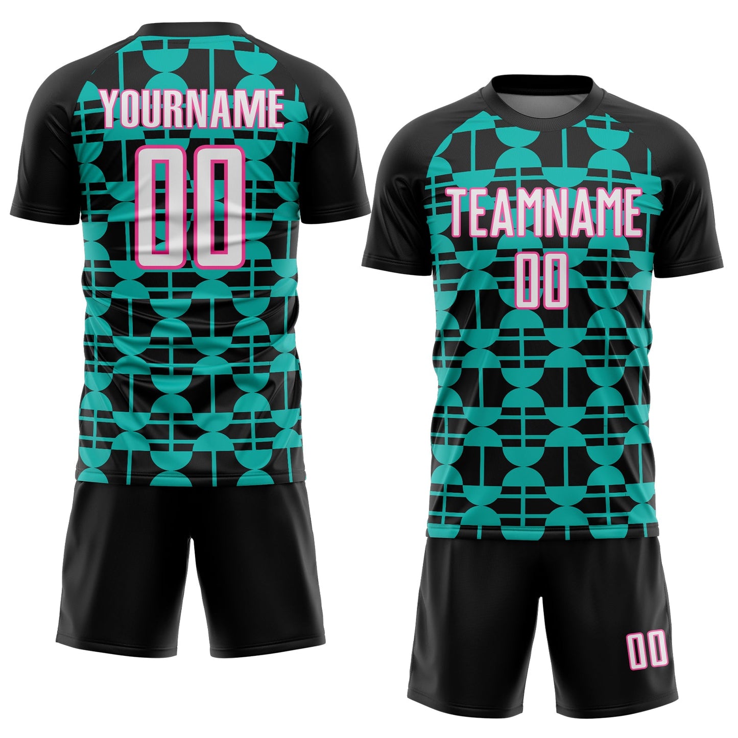 Custom Black White Aqua-Pink Geometric Shapes Sports Sublimation Soccer Uniform Jersey view 2