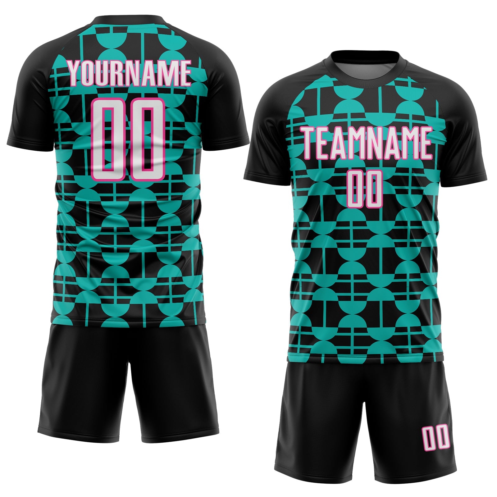 Custom Black White Aqua-Pink Geometric Shapes Sports Sublimation Soccer Uniform Jersey view 2
