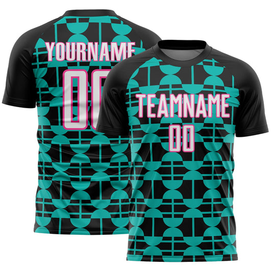 Custom Black White Aqua-Pink Geometric Shapes Sports Sublimation Soccer Uniform Jersey - Main View