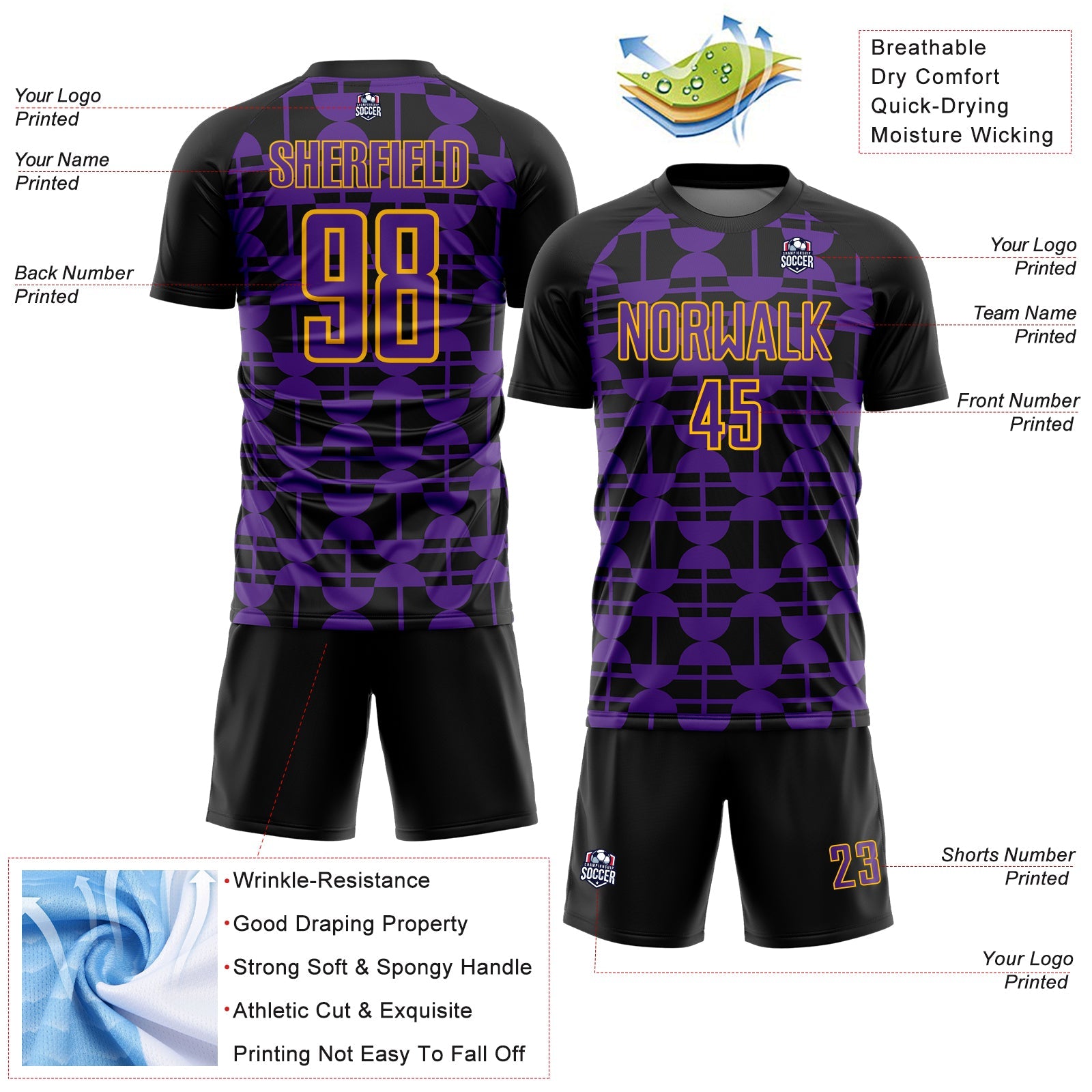 Custom Black Purple-Yellow Geometric Shapes Sports Sublimation Soccer Uniform Jersey view 4