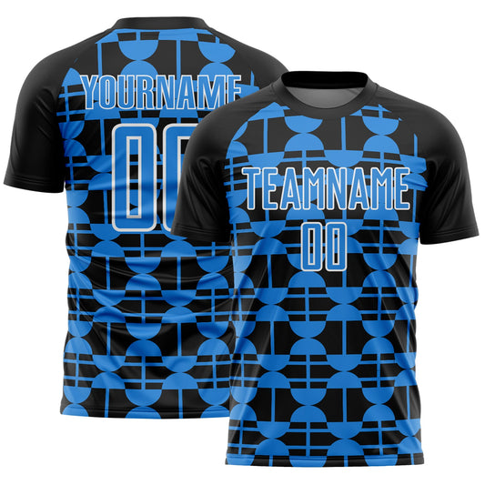 Custom Black Powder Blue-White Geometric Shapes Sports Sublimation Soccer Uniform Jersey - Main View