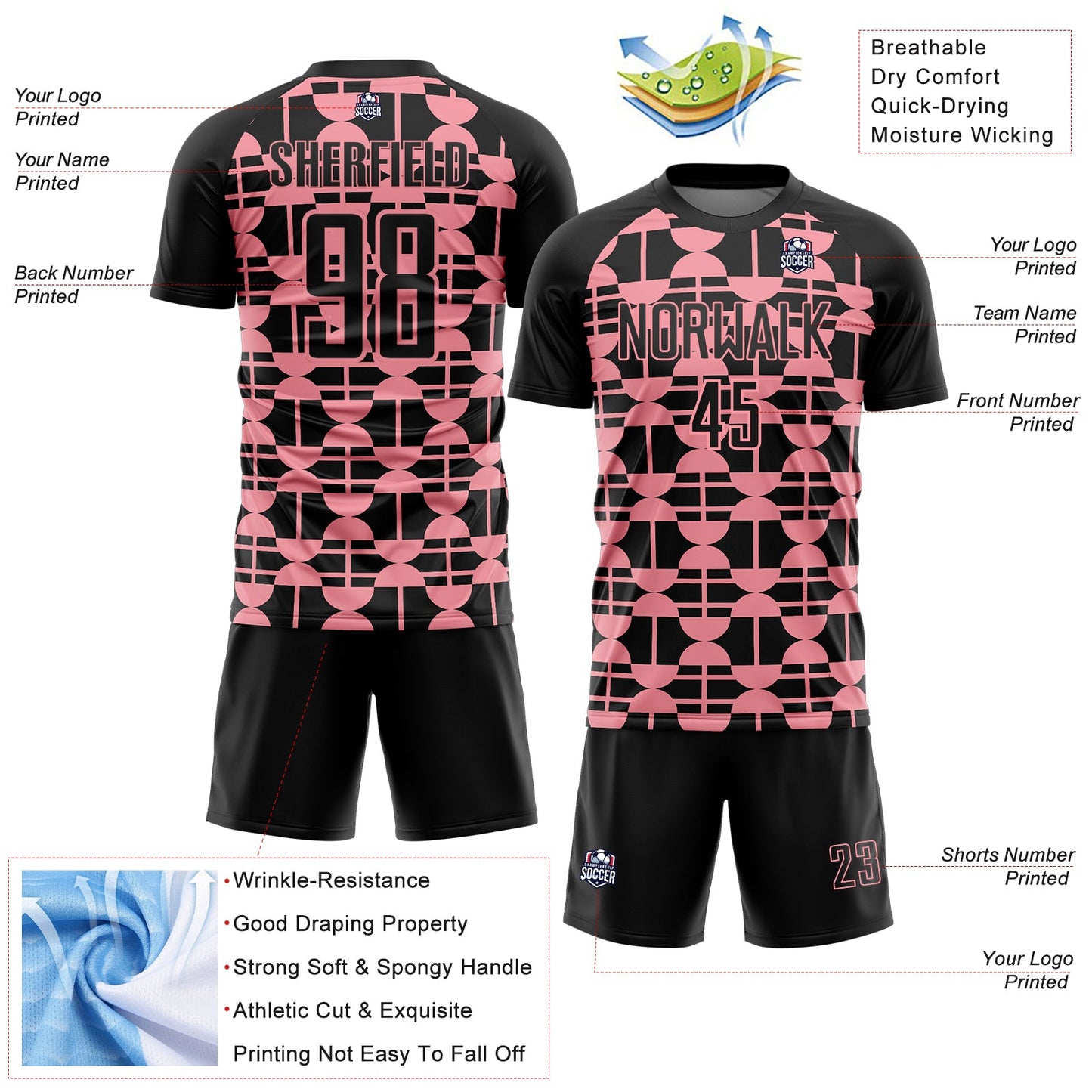 Custom Black Medium Pink Geometric Shapes Sports Sublimation Soccer Uniform Jersey view 4