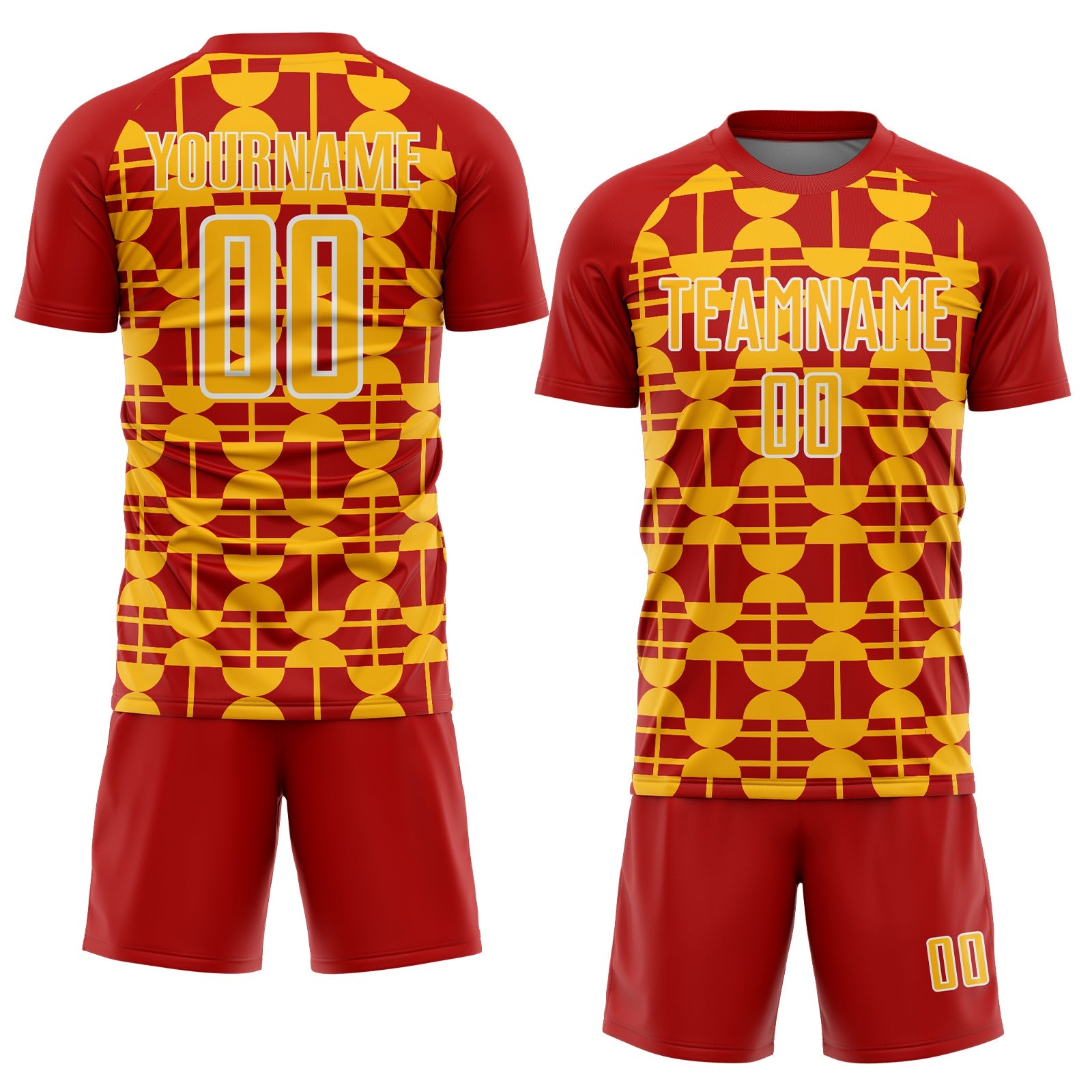 Custom Red Gold-White Geometric Shapes Sports Sublimation Soccer Uniform Jersey view 2