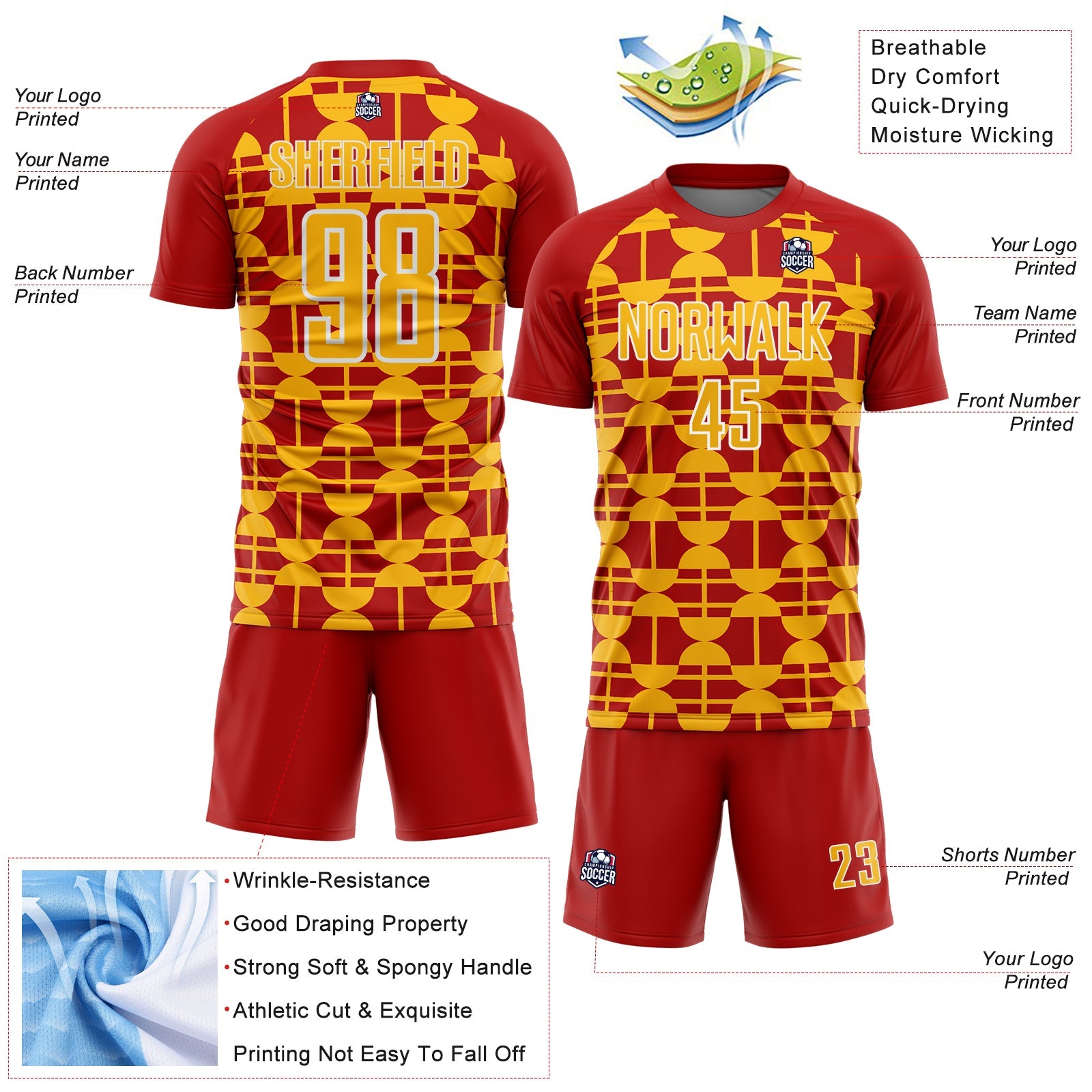 Custom Red Gold-White Geometric Shapes Sports Sublimation Soccer Uniform Jersey view 4