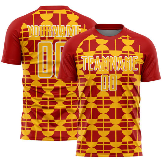 Custom Red Gold-White Geometric Shapes Sports Sublimation Soccer Uniform Jersey - Main View