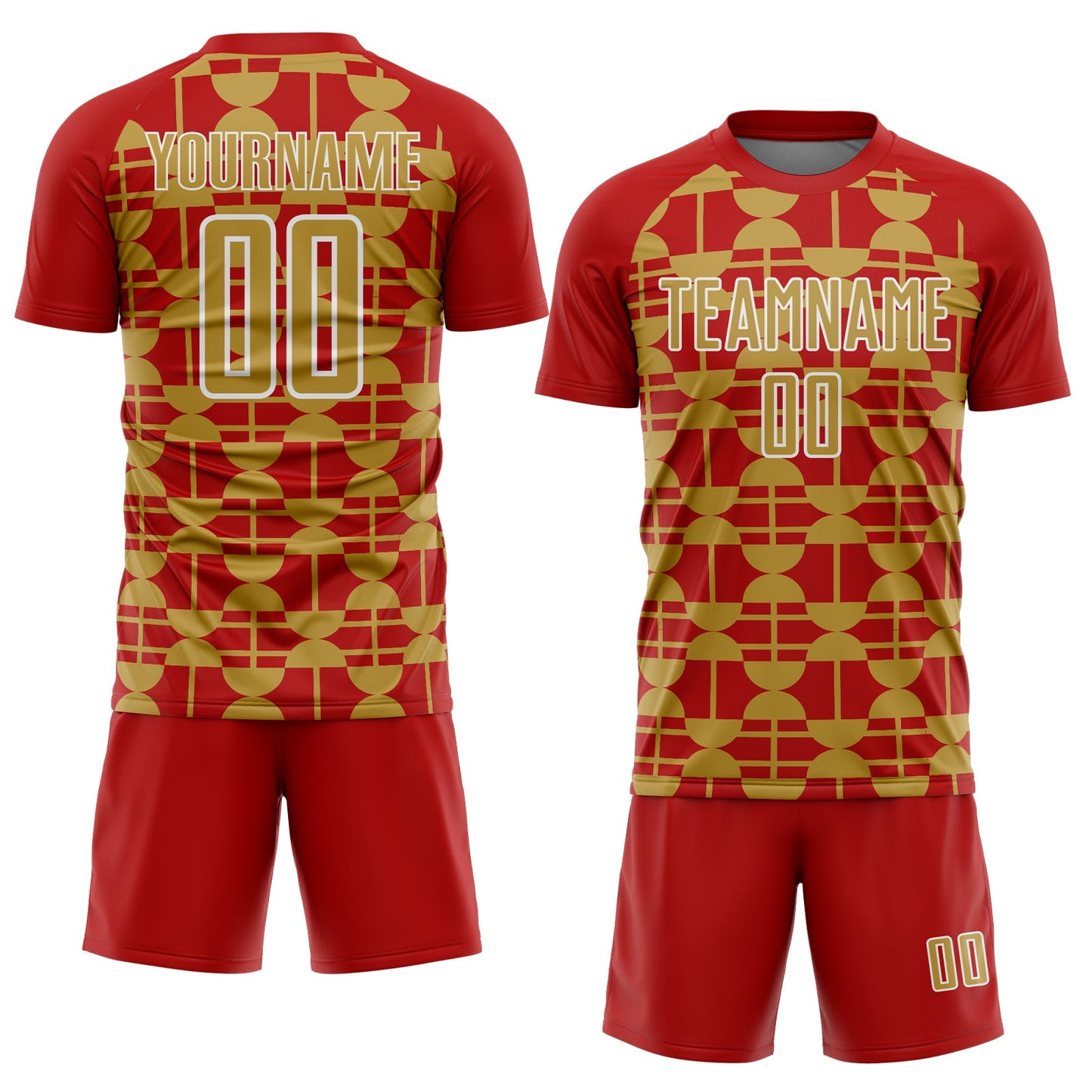 Custom Red Old Gold-White Geometric Shapes Sports Sublimation Soccer Uniform Jersey view 2