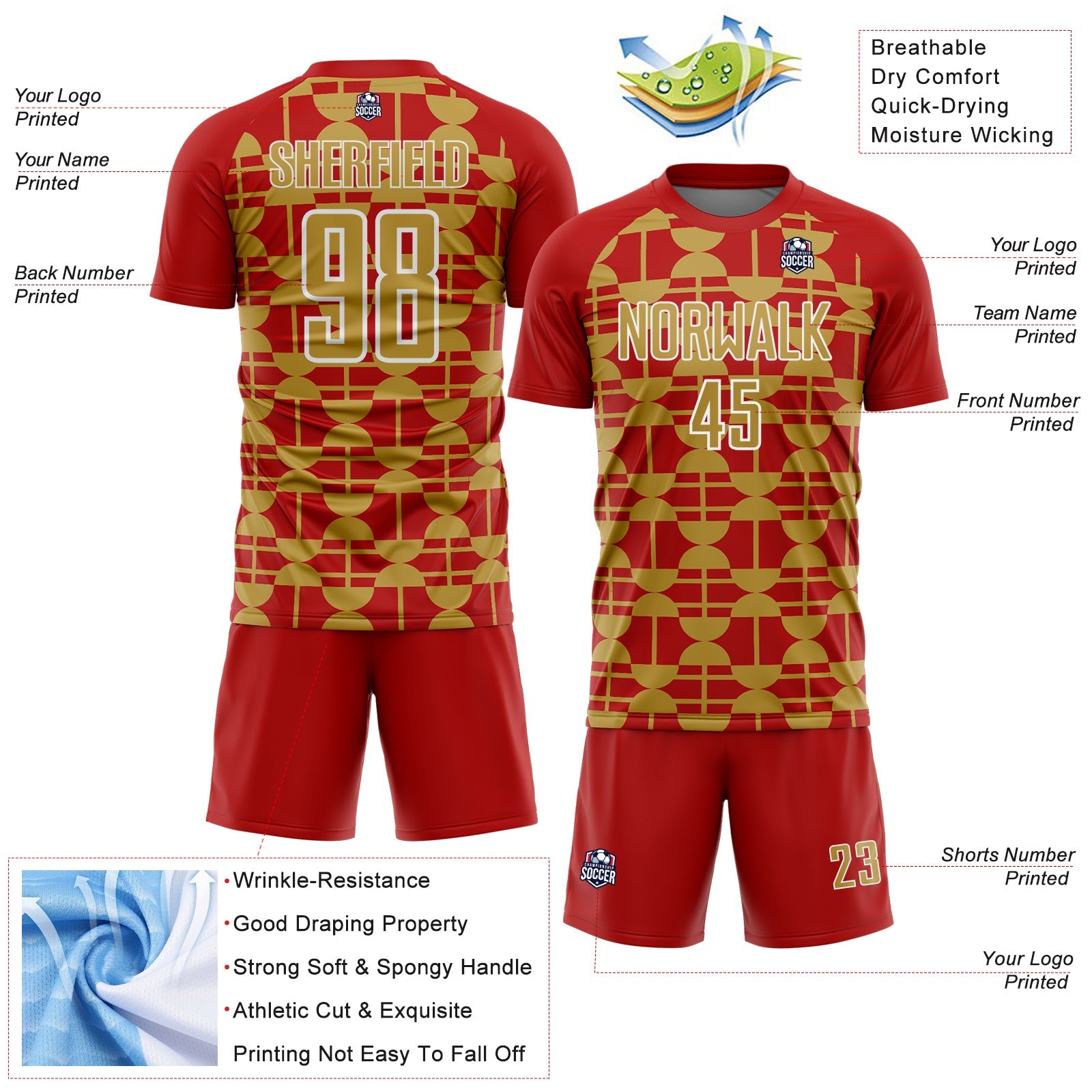 Custom Red Old Gold-White Geometric Shapes Sports Sublimation Soccer Uniform Jersey view 4