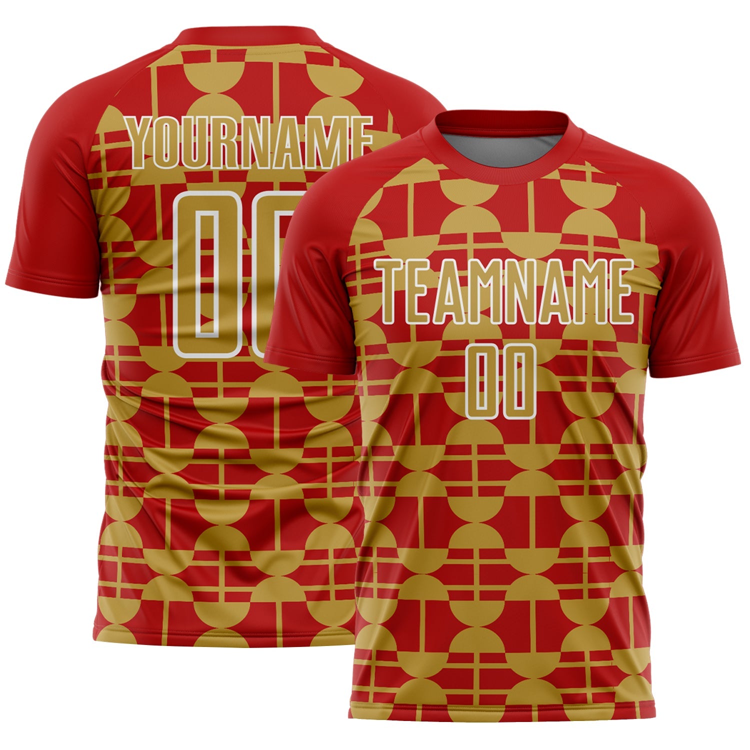 Custom Red Old Gold-White Geometric Shapes Sports Sublimation Soccer Uniform Jersey - Main View