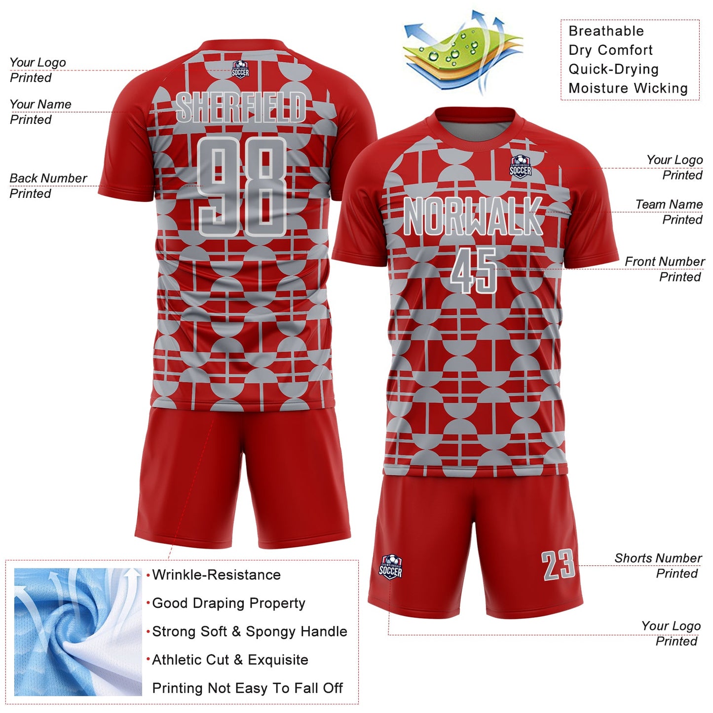 Custom Red Gray-White Geometric Shapes Sports Sublimation Soccer Uniform Jersey view 4