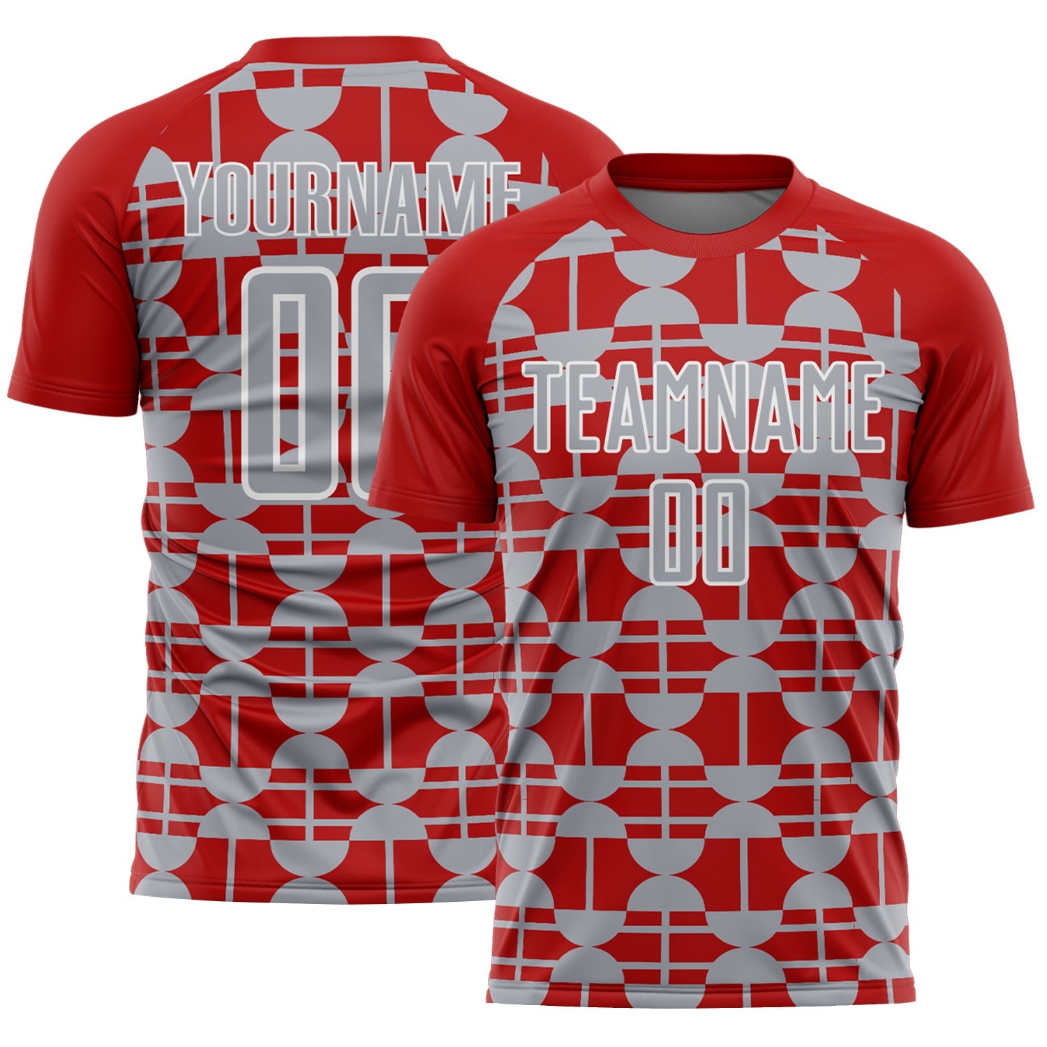 Custom Red Gray-White Geometric Shapes Sports Sublimation Soccer Uniform Jersey - Main View