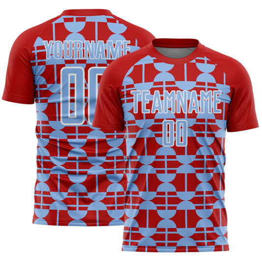 Custom Red Light Blue-White Geometric Shapes Sports Sublimation Soccer Uniform Jersey - Main View