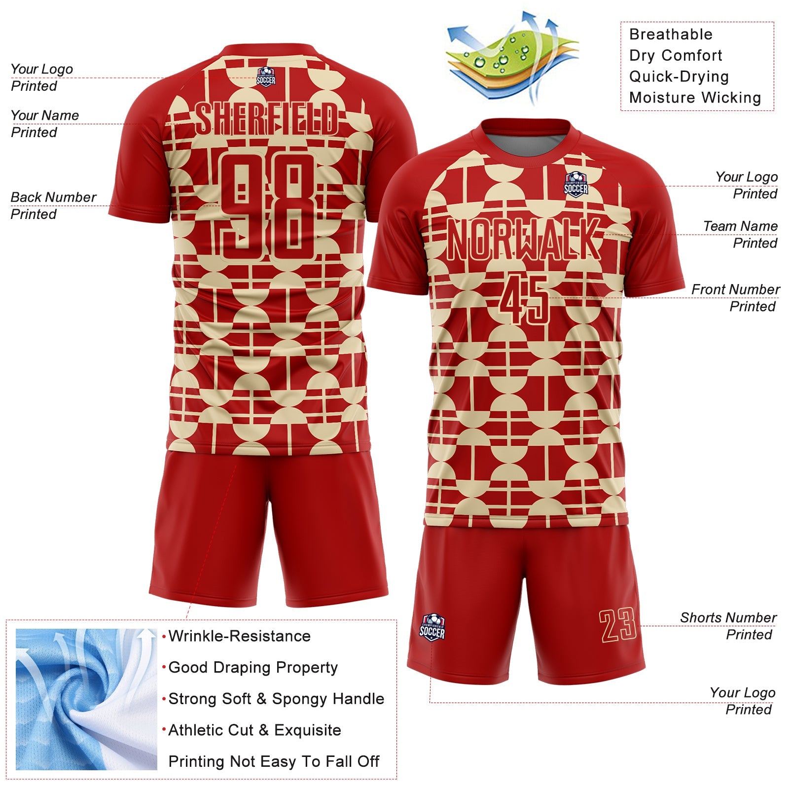 Custom Red Cream Geometric Shapes Sports Sublimation Soccer Uniform Jersey view 4