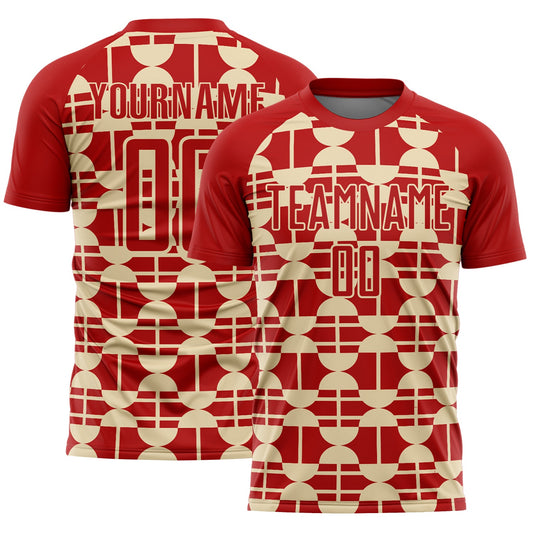 Custom Red Cream Geometric Shapes Sports Sublimation Soccer Uniform Jersey - Main View