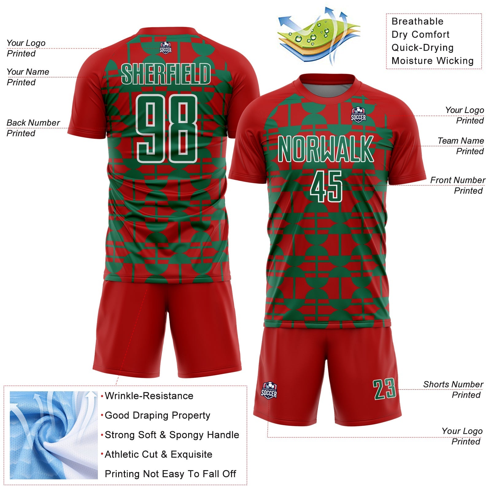 Custom Red Kelly Green-White Geometric Shapes Sports Sublimation Soccer Uniform Jersey view 4