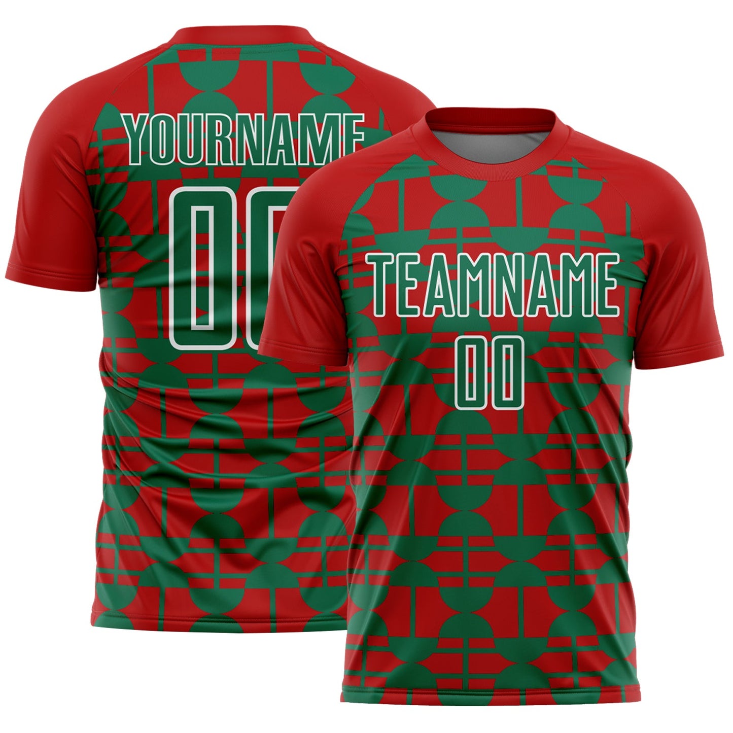 Custom Red Kelly Green-White Geometric Shapes Sports Sublimation Soccer Uniform Jersey - Main View