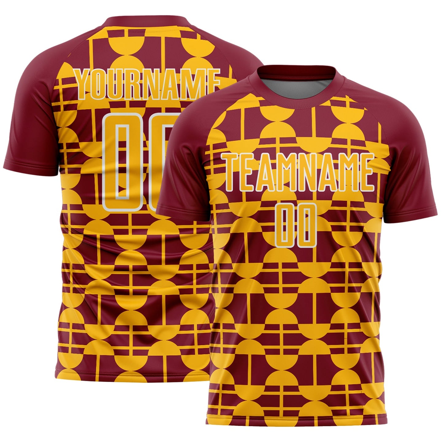 Custom Crimson Gold-White Geometric Shapes Sports Sublimation Soccer Uniform Jersey - Main View
