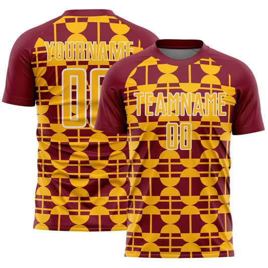 Custom Crimson Gold-White Geometric Shapes Sports Sublimation Soccer Uniform Jersey - Main View