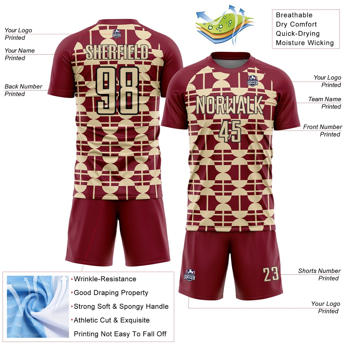 Custom Crimson Cream-Black Geometric Shapes Sports Sublimation Soccer Uniform Jersey view 4