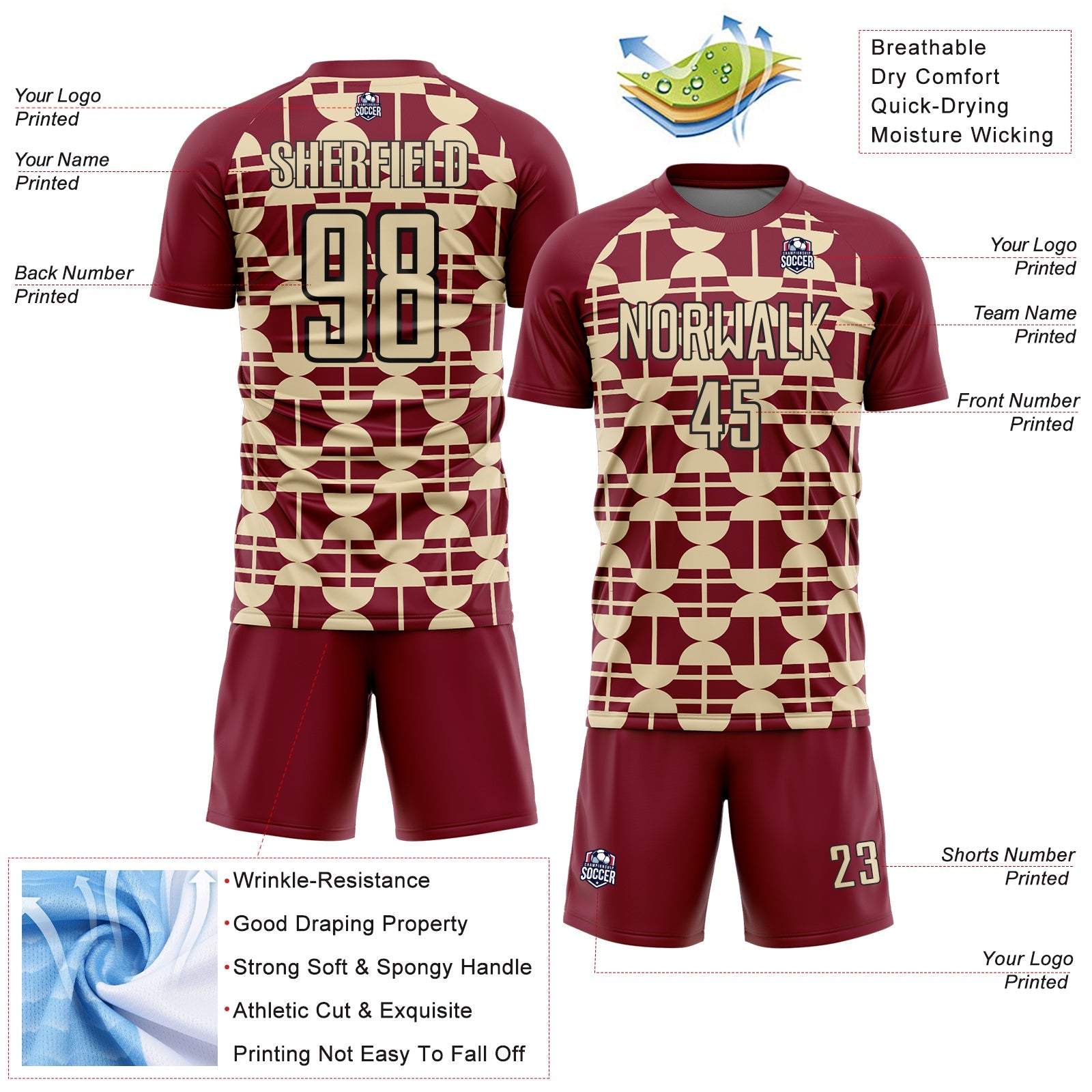 Custom Crimson Cream-Black Geometric Shapes Sports Sublimation Soccer Uniform Jersey view 4
