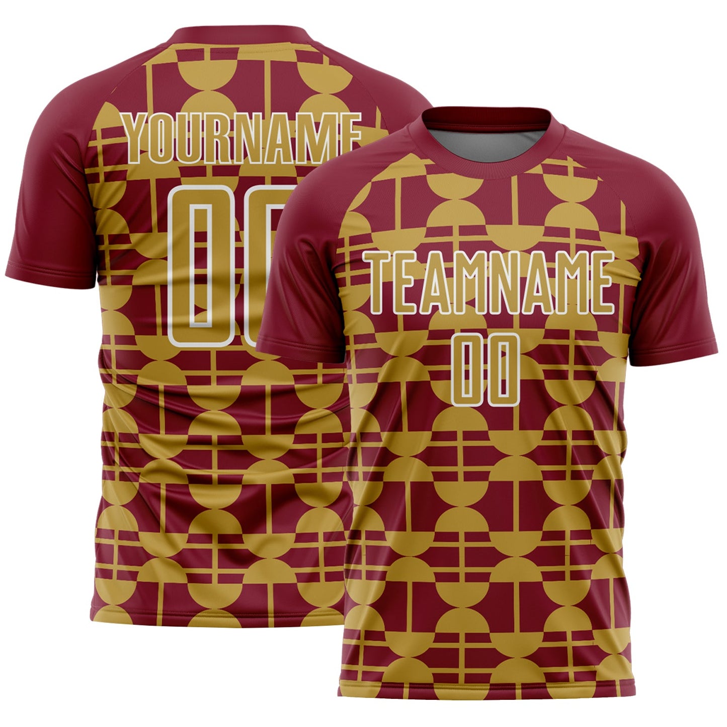 Custom Crimson Old Gold-White Geometric Shapes Sports Sublimation Soccer Uniform Jersey - Main View