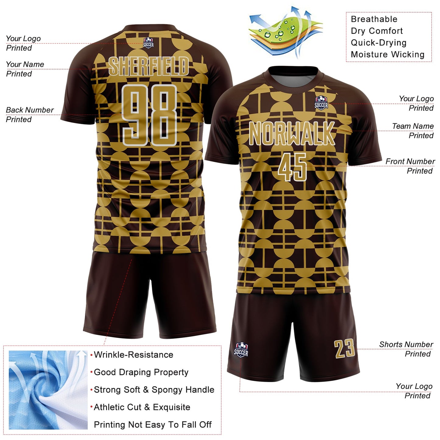 Custom Brown Old Gold-White Geometric Shapes Sports Sublimation Soccer Uniform Jersey view 4