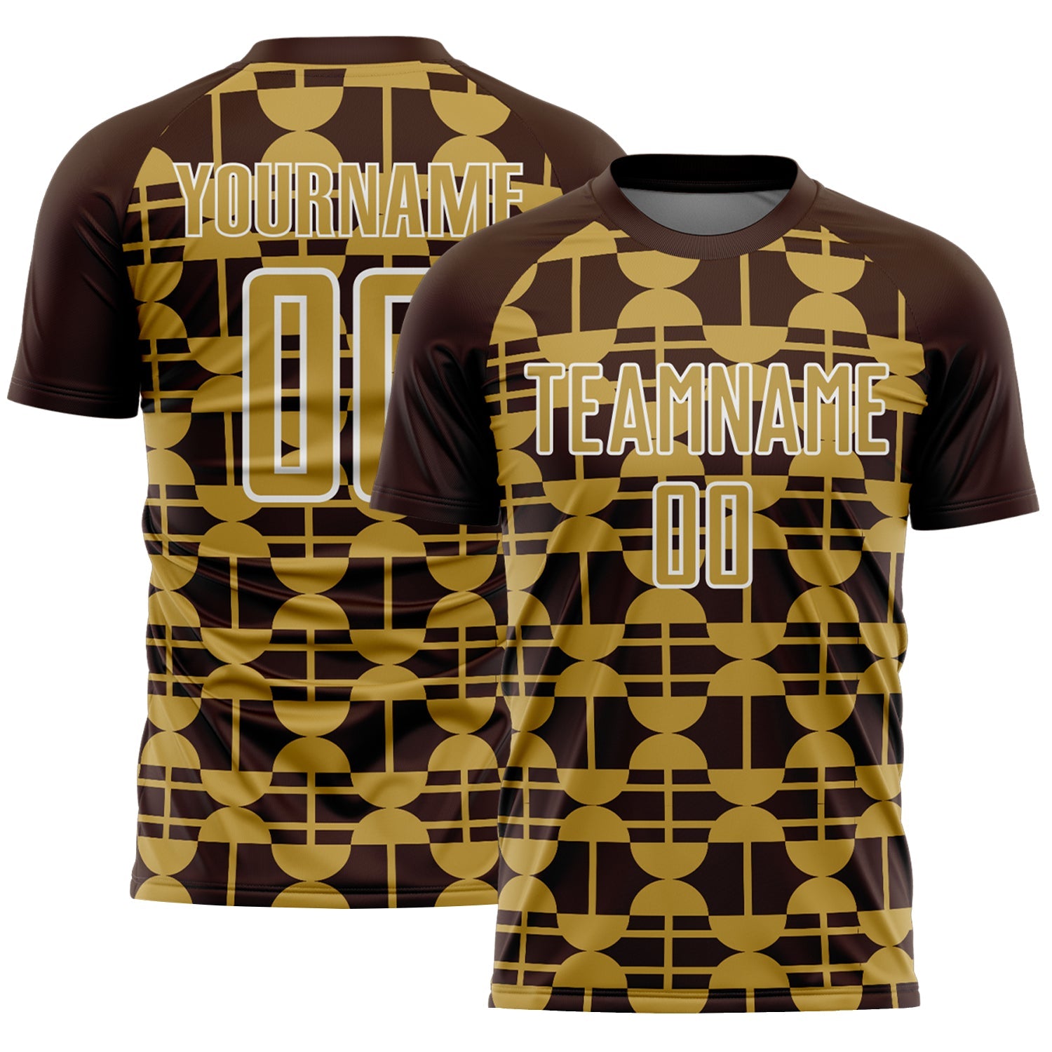 Custom Brown Old Gold-White Geometric Shapes Sports Sublimation Soccer Uniform Jersey - Main View